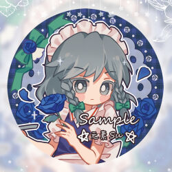  1girl blue_background blue_flower blue_rose blue_vest border bow braid closed_mouth doily flower green_bow grey_eyes grey_hair hair_bow holding holding_flower holding_tray izayoi_sakuya looking_at_viewer maid_headdress medium_hair puffy_short_sleeves puffy_sleeves rose round_border sample_watermark shirt short_sleeves side_braids solo suelement touhou tray twin_braids vest watermark white_shirt 
