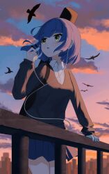  1girl absurdres bird black_sweater bocchi_the_rock! clouds collared_shirt dusk earphones earphones green_eyes hand_on_railing highres karmanimaxwx long_sleeves outdoors pleated_skirt railing removing_earbuds shirt short_hair skirt sky solo sweater white_shirt yamada_ryo 