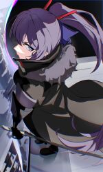  1girl absurdres beliora_vike black_coat closed_mouth coat commentary_request day from_above fur-trimmed_coat fur_trim grow_193 hair_between_eyes high_ponytail highres holding holding_sword holding_weapon hollow_(zenless_zone_zero) long_hair looking_at_viewer outdoors ponytail purple_hair solo sword violet_eyes weapon zenless_zone_zero 