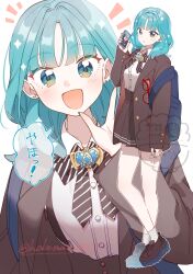 1girl aqua_eyes aqua_hair aqua_nails backpack bag black_bow black_bowtie black_jacket blue_gem bow bowtie cellphone collared_shirt earrings full_body gem heart-shaped_gem highres hisuigura_sou_(raru_buran) holding holding_phone jacket jewelry looking_at_viewer medium_hair open_clothes open_jacket open_mouth original phone raru_buran red-framed_eyewear school_uniform shirt simple_background sleeves_past_wrists socks stud_earrings translation_request unworn_eyewear white_background white_shirt white_socks 