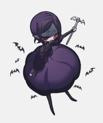  1girl bat_(animal) black_pantyhose black_shoes black_trim commentary detached_sleeves dress english_commentary fang fingerless_sleeves fishnet_top fishnets gem highres holding holding_staff missi naiguozi no_pupils off-shoulder_dress off_shoulder open_mouth pantyhose pointy_ears puffy_detached_sleeves puffy_sleeves purple_dress purple_hair red_eyes red_gem shirt_under_dress shoes short_hair smile staff the_vampair vampire white_background 