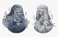  2girls black_dress black_eyes black_veil blush bone bone_ornament bone_print bouquet bridal_veil bride candle closed_mouth colored_skin commentary curly_hair dress fire floating floating_object flower frilled_dress frills ghost gradient_clothes gradient_eyes gradient_hair gradient_veil grey_eyes grey_flower grey_hair grey_rose grey_skin grey_veil hair_between_eyes head_wreath highres holding holding_bouquet lace lace-trimmed_dress lace_trim layered_dress leaf light_blush long_hair multicolored_eyes multicolored_hair multiple_girls naiguozi original ribs rose silk skull_print spider_web spider_web_hair_ornament spider_web_necklace stitched_arm stitched_face stitches strapless strapless_dress thorns torn_clothes torn_dress torn_veil untranslatable_commentary veil very_long_hair wedding wedding_dress white_dress white_flower white_hair white_rose white_veil 