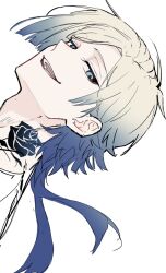  1boy blonde_hair blue_eyes blue_hair blue_lock eyeliner flower_tattoo from_side gradient_hair highres looking_at_viewer looking_to_the_side makeup male_focus michael_kaiser multicolored_hair nannnann4321 neck_tattoo open_mouth red_eyeliner short_hair short_hair_with_long_locks sideways simple_background solo tattoo white_background 