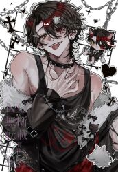  1boy :p belt black_eyes black_hair black_jacket black_tank_top chain chibi chibi_inset choker commentary_request cowboy_shot double-parted_bangs fur_trim hair_between_eyes hand_on_own_chest head_tilt highres hosikage4040 jacket jacket_partially_removed looking_at_viewer male_focus mullet original short_hair solo tank_top tongue tongue_out 