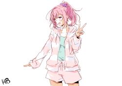  1girl absurdres amaori_haruna arm_at_side aucufeo blush collarbone facing_viewer green_shirt hand_up highres long_sleeves looking_at_viewer medium_hair open_mouth open_pajamas pajama_shorts pajamas pink_hair pink_shorts ponytail purple_scrunchie scrunchie shirt shorts simple_background sketch solo striped_clothes striped_pajamas v violet_eyes watashi_ga_koibito_ni_nareru_wake_naijan_murimuri! white_background 