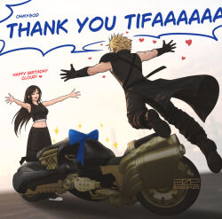 1boy 1girl apron artist_logo azezazel bare_arms birthday black_apron black_gloves black_hair black_pants black_shirt black_vest blonde_hair blue_ribbon closed_eyes cloud_strife crop_top english_commentary fenrir_(vehicle) final_fantasy final_fantasy_vii final_fantasy_vii:_advent_children gift gloves happy happy_birthday heart jumping logo long_hair midriff motor_vehicle motorcycle navel open_mouth outstretched_arms pants ribbon shirt signature single_shoulder_pad sleeveless sleeveless_shirt smile sparkle spiky_hair tifa_lockhart twitter_username vest waist_apron 