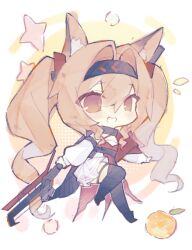  1girl an_jie_li_na_tianxia_di_yi angelina_(arknights) angelina_the_mellow_wish_(arknights) animal_ear_fluff animal_ears arknights black_collar black_hairband black_thighhighs brown_eyes brown_hair chibi chibi_only chinese_commentary collar commentary_request dress food fox_ears fox_girl fruit full_body hair_between_eyes hairband highres holding holding_staff long_hair long_sleeves looking_at_viewer orange_(fruit) smile solo staff standing standing_on_one_leg thigh-highs twintails white_background white_dress 