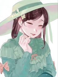  1girl blush brown_eyes clover commentary_request frilled_shirt frills green_hat green_shirt hair_ornament hairclip hat highres long_hair mole mole_under_eye mole_under_mouth original osakehoihoiniko parted_bangs ribbon shirt simple_background sun_hat sweatdrop white_background 