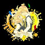  1girl black_background blonde_hair blue_eyes bow brother_and_sister flower hair_bow hand_on_another&#039;s_head hand_on_another's_head hitobashira_alice_(vocaloid) incest interlocked_fingers kagamine_len kagamine_rin kairi_(oro-n) looking_at_viewer parted_lips petals profile rose short_hair siblings smile twins vocaloid 