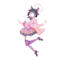  1girl absurdres alternate_breast_size_(larger) alternate_costume animal_ears black_bow black_bowtie black_hair black_shoes blue_archive blunt_bangs blush bow bowtie breasts cat_ears cat_girl collared_shirt colored_inner_hair commentary_request commission drawstring dro_(eveveb_414) embarrassed from_side full_body halo high_heels highres hood hood_down hooded_jacket jacket jumping kazusa_(blue_archive) korean_commentary layered_skirt long_sleeves looking_at_viewer medium_breasts medium_hair miniskirt mixed-language_commentary multicolored_hair parted_lips peanut_mouth pink_halo pink_jacket pink_skirt purple_thighhighs red_eyes shirt shoes sidelocks simple_background skirt solo sweat thigh-highs white_background white_shirt zettai_ryouiki 