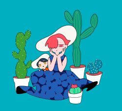  2girls annoyed blue_hair cactus cactus_print child green_eyes hands_on_own_face harunicanaria hat highres multiple_girls original parody red_eyes red_hair sitting style_parody sun_hat unmoving_pattern 