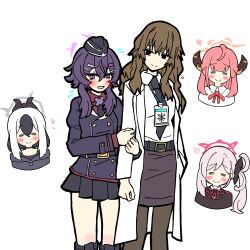  age_difference aru_(blue_archive) belt black_necktie blue_archive blush brown_hair closed_mouth collared_shirt crossover grey_halo hair_ornament hairclip halo haruka_(blue_archive) highres holding_another's_arm jellyfish_cut kayoko_(blue_archive) kiyama_harumi lab_coat lanyard long_hair long_sleeves mature_female mugicha_(mugichaikkinomi) mutsuki_(blue_archive) necktie orange_halo pencil_skirt pink_hair pink_halo pleated_skirt problem_solver_68_(blue_archive) puffy_long_sleeves puffy_sleeves purple_hair purple_halo red_shirt shirt shy skirt toaru_kagaku_no_railgun toaru_majutsu_no_index violet_eyes white_hair 