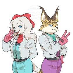  animal_ears animal_nose blue_eyes body_fur bow closed_mouth dog_ears dog_girl fay_spaniel gloves hair_bow jacket long_sleeves looking_at_viewer mito_31_31 miyu_lynx multiple_girls open_mouth red_bow simple_background smile snout star_fox star_fox_2 tail white_fur 