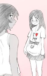  2girls absurdres azumanga_daioh blush closed_mouth commentary_request english_text freckles greyscale_with_colored_background highres kagura_(azumanga_daioh) kasuga_ayumu long_hair looking_at_another medium_hair morochaslover multiple_girls open_mouth pink_background shirt shorts smile spanish_commentary tank_top yuri 