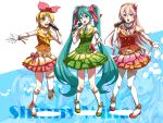  3girls belt blonde_hair bow caffein copyright_name elbow_gloves garters gloves green_eyes green_hair hair_bow hair_ornament hair_ribbon hairclip hatsune_miku highres kagamine_rin kneehighs long_hair megurine_luka microphone midriff multiple_girls navel necktie open_mouth outstretched_arm pink_hair ribbon shoes short_hair singing skirt thigh-highs twintails very_long_hair vocaloid wink zoom_layer 