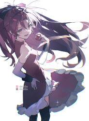  1girl absurdres apple bilibili_logo bitten_apple black_thighhighs commentary dress food food_bite from_side fruit geezhii hand_on_own_hip highres holding holding_food holding_fruit long_hair magical_girl mahou_shoujo_madoka_magica mahou_shoujo_madoka_magica_(anime) open_mouth ponytail red_dress red_eyes red_hair sakura_kyoko sakura_kyoko_(magical_girl) simple_background sleeveless sleeveless_dress solo thigh-highs twitter_x_logo very_long_hair white_background 