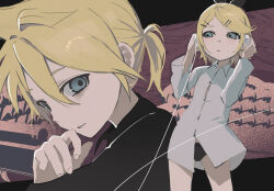  1boy 1girl aqua_eyes black_panties blonde_hair commentary_request from_side hair_ornament hairclip headphones highres kagamine_len kagamine_rin looking_to_the_side m888992l7 panties ponytail swept_bangs underwear vocaloid 