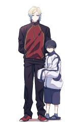  2boys absurdres aged_down black_hair black_pants blonde_hair blue_eyes blue_lock blush closed_mouth dot_mouth dot_nose full_body gradient_hair hands_in_pockets highres isagi_yoichi jacket looking_at_viewer male_focus michael_kaiser multicolored_hair multiple_boys nannnann4321 oversized_clothes pants shoes short_hair simple_background standing track_jacket two-tone_hair white_background zipper 