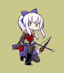 1girl arrow_(projectile) asymmetrical_gloves black_boots boots bow bow_(weapon) closed_mouth deformed full_body gloves goggles goggles_around_neck green_background hair_bow holding holding_arrow holding_bow_(weapon) holding_weapon long_hair looking_at_viewer mismatched_gloves naga_u official_alternate_color ponytail purple_bow purple_shorts quiver sekaiju_no_meikyuu sekaiju_no_meikyuu_4 shorts sidelocks simple_background sniper_(sekaiju) sniper_2_(sekaiju) solo v-shaped_eyebrows weapon white_hair 