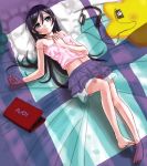  aragaki_ayase barefoot black_eyes black_hair casual computer digital_media_player headphones laptop long_hair long_legs lying navel ore_no_imouto_ga_konna_ni_kawaii_wake_ga_nai pillow star sudilos 