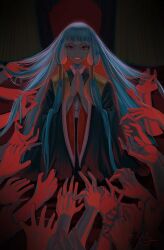  1girl black_kimono blunt_bangs crazy_smile eel_(user_dknz2455) grey_hair hair_tubes highres horror_(theme) japanese_clothes kimono long_hair long_sleeves looking_at_viewer palms_together raging_loop red_eyes sidelocks smile solo standing uematsu_rikako very_long_hair white_hair 