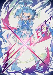  1girl absurdres ahoge alternate_halo arona_(blue_archive) battle_damage bleeding blood blood_from_mouth blood_on_arm blood_on_face blue_archive blue_dress blue_eyes blue_hair blush bow chest_bow chokkon clenched_teeth commentary_request cosplay cropped_jacket dress dress_bow drill_hair frilled_gloves frills gloves hair_ornament halo hand_on_own_arm highres korean_commentary layered_dress magic magical_girl official_alternate_costume puffy_sleeves reisa_(blue_archive) reisa_(blue_archive)_(cosplay) reisa_(magical)_(blue_archive) schale_logo short_sleeves skirt sparkle star_(symbol) star_hair_ornament star_halo teeth torn_clothes twintails v-shaped_eyebrows winged_hair_ornament winged_shoes yume_kawaii 