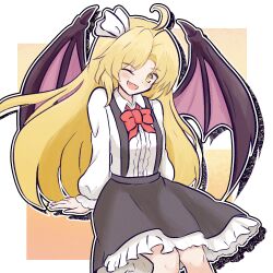  1girl ahoge bat_wings black_skirt blonde_hair blush bow bowtie commentary_request fang frilled_skirt frills hair_ribbon joppi kurumi_(touhou) long_hair long_sleeves looking_at_viewer open_mouth red_bow red_bowtie ribbon shirt skirt smile solo suspender_skirt suspenders touhou touhou_(pc-98) very_long_hair white_shirt wings yellow_eyes 