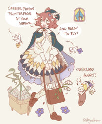  1girl :d absurdres bag basket bird_hair_ornament black_cape black_hat blue_eyes brown_bag brown_hair brown_shoes cape coat dress english_text envelope flower flutterpage flutterpage_(gently_comes_the_thawing_breeze) full_body hair_flower hair_ornament hat highres holding holding_bag lily_of_the_valley mailbag neckerchief official_alternate_costume open_mouth origami paper_crane reverse:1999 salgucha shoes short_twintails smile socks solo speech_bubble twintails walking white_coat white_dress white_flower white_neckerchief white_socks 