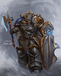  1boy adeptus_astartes armor axe breastplate cloak full_armor greaves helmet highres holding holding_axe holding_shield little_sun male_focus muscle_cuirass pauldrons pelvic_curtain power_armor second-party_source shield shoulder_armor solo storm_warden warhammer_40k 