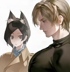  1boy 1girl ada_wong animal_ear_fluff animal_ears black_hair black_shirt blonde_hair blue_eyes brown_coat cat_ears cat_girl closed_mouth coat girl_staring_at_guy's_chest_(meme) grey_eyes grey_scarf highres kemonomimi_mode leon_s._kennedy looking_at_another meme parted_bangs resident_evil scarf shirt short_hair sweatdrop swept_bangs upper_body wawaxiqaq 