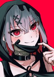  1girl bandaged_neck bandages bandaid bandaid_on_face bare_shoulders belt_collar black_choker black_dress black_gloves black_hood black_mask black_tank_top choker closed_mouth collar colored_inner_hair commentary_request crossed_bangs dress gloves grey_hair hair_between_eyes hair_ornament highres looking_at_viewer mahou_shoujo_no_majo_saiban mask mouth_mask multicolored_hair red_background red_eyes red_hair shito_alisa short_hair simple_background smile solo stitched_face stitches tank_top toma_maru x_hair_ornament 