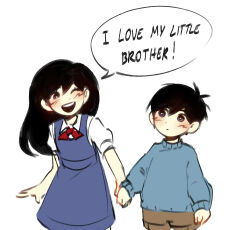  1boy 1girl aged_down antenna_hair black_eyes black_hair blue_overalls blue_sweater bright_pupils brother_and_sister brown_shorts closed_mouth collared_shirt commentary double-parted_bangs english_commentary english_text hair_behind_ear hair_between_eyes highres holding_hands k0re_drawings long_hair long_sleeves looking_at_another mari_(faraway)_(omori) mari_(omori) omori one_eye_closed overall_skirt overalls shirt short_hair short_sleeves shorts siblings simple_background speech_bubble sunny_(omori) sweater white_background white_pupils white_shirt 