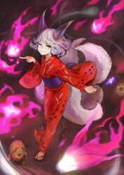  1girl absurdres animal_ears bag closed_mouth commentary_request creature extra_tails fire flat_chest fox_ears fox_girl full_body ghost hand_up highres holding holding_bag japanese_clothes jun_(navigavi) kimono korean_commentary leaning_forward long_sleeves looking_at_viewer medium_hair multiple_tails nose obi one_eye_closed original outstretched_arm pointing purple_fire purple_hair purple_sash red_kimono sandals sash smile solo tail wide_sleeves yellow_eyes zouri 