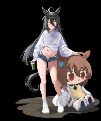  1girl absurdres agnes_tachyon_(umamusume) ahoge animal_ears bandaid bandaid_on_knee bandaid_on_leg bikini black_background black_hair black_shirt blunt_ends calligraph character_doll closed_mouth collared_shirt commentary corset cup disposable_cup doll drinking_straw ear_ornament ear_tag earrings hair_between_eyes highres holding holding_cup horse_ears horse_girl horse_tail horseshoe jewelry lab_coat long_bangs long_hair long_hair_between_eyes long_sleeves multicolored_hair navel parted_lips red_eyes see-through_clothes see-through_shirt shirt shoes simple_background single_earring smile socks solo standing string_bikini sweater swimsuit tail test_tube tied_shirt tile_floor tiles umamusume untranslatable_commentary very_long_hair white_hair white_shirt white_shoes white_socks yellow_background yellow_eyes yellow_sweater 