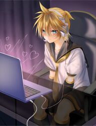  1boy aqua_eyes arm_warmers at_computer between_legs bishounen black_sailor_collar black_shorts blonde_hair blue_eyes blush cable chair computer curtains detached_sleeves glass_table hand_between_own_legs headphones headset heart highres htren12 implied_pornography indoors kagamine_len laptop leg_warmers looking_at_screen male_focus neckerchief necktie nervous_sweating office_chair ponytail sailor_collar sailor_shirt sexually_suggestive shirt short_ponytail short_sleeves shorts sitting solo sweat sweatdrop swivel_chair table vocaloid white_shirt yellow_neckerchief yellow_necktie 