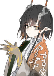  1girl arknights black_hair black_jacket brown_jacket brown_streaks colored_extremities commentary_request earrings grey_eyes hair_between_eyes horns jacket jewelry jie_(arknights) long_sleeves looking_at_viewer multicolored_hair open_clothes open_jacket own_hands_together parted_lips pointy_ears shirt short_hair_with_long_locks simple_background solo streaked_hair upper_body white_background white_shirt z_(knkr1025) 