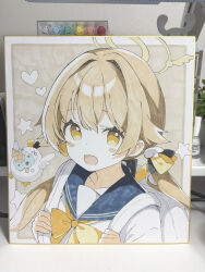  1girl :d backpack bag blue_archive blue_sailor_collar blush_stickers bow brown_eyes brown_hair commentary_request food hair_between_eyes hair_intakes halo heart hifumi_(blue_archive) highres ice_cream ice_cream_cone long_hair low_twintails peroro_(blue_archive) photo_(medium) sailor_collar school_uniform serafuku shikishi shirt smile solo star_(symbol) tantan_men_(dragon) traditional_media twintails upper_body white_shirt yellow_bow 