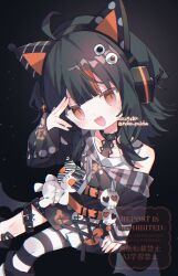  1girl :d absurdres ahoge animal_ear_headphones animal_ears arm_belt artist_name asymmetrical_legwear asymmetrical_sleeves bandaid bandaid_on_leg bare_shoulders bat_wings belt belt_collar black_background black_choker black_hair black_nails black_sweater cat_ear_headphones cat_ears choker collar cowboy_shot cross-laced_clothes cross-laced_dress dress eringikinono eyeball_hair_ornament fake_animal_ears headphones highres layered_dress leg_belt long_sleeves looking_at_viewer mahou_shoujo_no_majo_saiban multicolored_hair nail_polish off-shoulder_sweater off_shoulder open_mouth orange_eyes orange_nails orange_streaks sawatari_coco sharp_teeth shirt short_hair signature single_bare_shoulder single_thighhigh skirt skull slit_pupils smile solo streaked_hair striped_clothes striped_sleeves striped_thighhighs stuffed_animal stuffed_cat stuffed_toy sweater teeth thigh-highs twitter_username upper_teeth_only watermark white_shirt white_skirt wings 