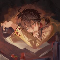  1boy absurdres arm_pillow brown_hair covered_mouth cup dark_background drinking_glass earrings hand_on_own_arm head_on_arm head_rest highres holding holding_cup jewelry keroshoku looking_to_the_side low_ponytail male_focus name_day_(reverse:1999) ponytail reverse:1999 shirt table tooth_earrings upper_body violet_eyes white_shirt 