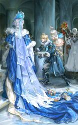  2boys 3girls absurdres aether_(genshin_impact) anastasya_feodorovna_snezhnaya arlecchino_(genshin_impact) blonde_hair commentary crown dress english_commentary genshin_impact highres lluluchwan long_dress long_hair long_sleeves multiple_boys multiple_girls official_alternate_costume paimon_(genshin_impact) tartaglia_(genshin_impact) white_hair 