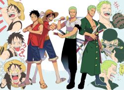 +++ 2boys bandana bandana_around_neck beer_mug black_hair black_pants blue_shorts clenched_hand commentary_request cup earrings full_body fur-trimmed_shorts fur_trim green_hair grin haramaki hat holding holding_cup holding_sword holding_weapon jewelry katana kiyoshita looking_at_viewer male_focus monkey_d._luffy mug multiple_boys multiple_expressions multiple_swords multiple_views one_piece open_clothes open_mouth open_shirt over_shoulder pants red_shirt red_vest roronoa_zoro sandals sash scar scar_across_eye scar_on_chest scar_on_face sharp_teeth shirt short_hair short_sleeves shorts smile sparkle sparkling_eyes standing straw_hat sweat sword teeth tongue tongue_out upper_body vest weapon white_shirt yellow_sash 