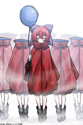  6+girls absurdres artist_name balloon black_boots black_shirt boots bow brown_skirt cloak clone commentary_request dated full_body hair_between_eyes hair_bow headless highres holding holding_balloon long_sleeves looking_at_viewer multiple_girls one-hour_drawing_challenge pleated_skirt red_cloak red_eyes red_hair ribbon-trimmed_bow ribbon_trim sekibanki shirt simple_background skirt touhou ve1024 white_background 