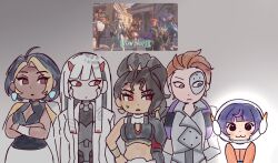  5girls :3 black_hair blonde_hair blonde_streaks blue_bodysuit blue_eyes blush_stickers bodysuit brown_eyes crossed_arms danmi_(_bunnycarrot) dark-skinned_female dark_skin domina_(overwatch) expressionless fishbowl_helmet gradient_background grey_background hand_on_own_hip helmet heterochromia high_ponytail highres horns jacket juno_(overwatch) long_hair looking_at_another moira_(overwatch) multicolored_hair multiple_girls omnic orange_hair orange_jacket overwatch parted_lips patterned_hair pink_hair ponytail purple_hair red_eyes red_horns reference_inset robot_girl screenshot_inset shion_(overwatch) short_hair simple_background single_bracer skirt space_helmet spacesuit streaked_hair sweatdrop two-tone_hair vendetta_(overwatch) white_hair white_skirt 