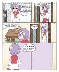  ! 1girl blue_eyes brown_shoes closed_eyes commentary english_commentary english_text hair_ribbon highres hiiragi_tsukasa long_sleeves lucky_star numbered_panels open_mouth puff_of_air purple_hair red_sailor_collar ribbon ryouou_school_uniform sailor_collar school_uniform shoes short_hair solo speech_bubble star_(symbol) thought_bubble unworn_shoes v0lnir yellow_ribbon 