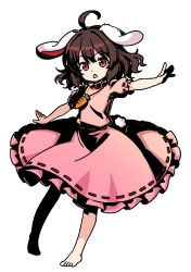  1girl absurdres ahoge animal_ears barefoot brown_hair carrot_necklace commentary_request dress floppy_ears full_body gradient_clothes gradient_dress highres inaba_tewi jewelry limone_illust looking_at_viewer medium_hair necklace open_mouth outstretched_arms pendant pink_dress rabbit_ears rabbit_girl rabbit_tail red_eyes ribbon-trimmed_dress ribbon_trim solo spread_arms tail toes touhou 