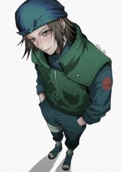  1boy bandages_over_clothes brown_eyes brown_hair closed_mouth commentary_request flak_jacket full_body greyscale hands_in_pockets highres jacket konohagakure_shinobi_uniform looking_at_viewer male_focus monochrome naruto_(series) pants shiranui_genma short_hair sign_s08 simple_background sleeves_rolled_up solo teeth toeless_legwear toothpick white_background 