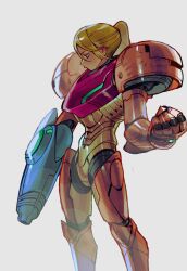  1girl absurdres arm_cannon armor blonde_hair blue_bodysuit bodysuit green_assault_visor highres kengyou_lei long_hair metroid mole mole_under_mouth ponytail power_armor power_suit_(metroid) samus_aran shoulder_armor solo varia_suit weapon zero_suit 