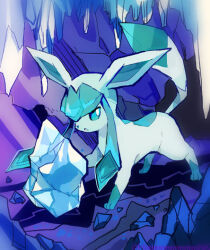  blue_eyes bright_pupils cave_interior full_body glaceon ice kantarou_(8kan) looking_at_viewer no_humans parted_lips pokemon pokemon_(creature) solo white_pupils 