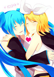  2girls aqua_hair aqua_nails aqua_necktie belt black_sailor_collar black_shorts black_sleeves blonde_hair bow closed_eyes closed_mouth commentary_request detached_sleeves grey_shirt hair_bow hara_paix hatsune_miku heart hug kagamine_rin long_hair multiple_girls mutual_hug necktie open_mouth sailor_collar shirt short_hair shorts simple_background sleeveless sleeveless_shirt smile twintails very_long_hair vocaloid white_background white_bow white_shirt yellow_belt yellow_nails yellow_trim 