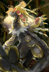  backlighting black_eyes cave claws closed_mouth commentary_request kantarou_(8kan) kommo-o looking_back no_humans pokemon pokemon_(creature) solo sunlight 